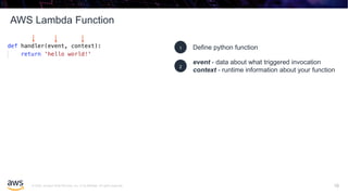 © 2020, Amazon Web Services, Inc. or its affiliates. All rights reserved.
AWS Lambda Function
10
Define python function1
event - data about what triggered invocation
context - runtime information about your function
2
10
 