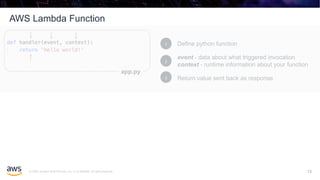 © 2020, Amazon Web Services, Inc. or its affiliates. All rights reserved.
AWS Lambda Function
13
Define python function1
event - data about what triggered invocation
context - runtime information about your function
2
Return value sent back as response3
app.py
13
 