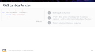 © 2020, Amazon Web Services, Inc. or its affiliates. All rights reserved.
AWS Lambda Function
18
Define python function1
event - data about what triggered invocation
context - runtime information about your function
2
Return value sent back as response3
app.py
18
 