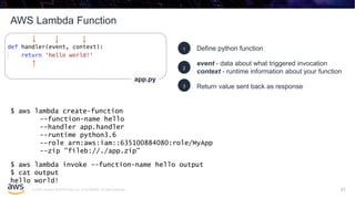 © 2020, Amazon Web Services, Inc. or its affiliates. All rights reserved.
AWS Lambda Function
21
Define python function1
event - data about what triggered invocation
context - runtime information about your function
2
Return value sent back as response3
app.py
$ aws lambda create-function
--function-name hello
--handler app.handler
--runtime python3.6
--role arn:aws:iam::635100884080:role/MyApp
--zip "fileb://./app.zip”
$ aws lambda invoke --function-name hello output
$ cat output
hello world!
21
 