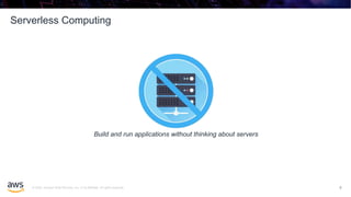 © 2020, Amazon Web Services, Inc. or its affiliates. All rights reserved.
4
Build and run applications without thinking about servers
Serverless Computing
4
 