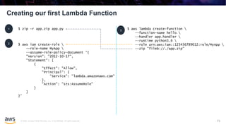 © 2020, Amazon Web Services, Inc. or its affiliates. All rights reserved.
Creating our first Lambda Function
73
$ zip -r app.zip app.py1
2 $ aws iam create-role 
--role-name MyApp 
--assume-role-policy-document '{
"Version": "2012-10-17",
"Statement": [
{
"Effect": "Allow",
"Principal": {
"Service": "lambda.amazonaws.com"
},
"Action": "sts:AssumeRole"
}
]
}'
$ aws lambda create-function 
--function-name hello 
--handler app.handler 
--runtime python3.6 
--role arn:aws:iam::123456789012:role/MyApp 
--zip "fileb://./app.zip"
3
 