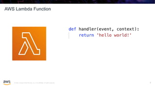 © 2020, Amazon Web Services, Inc. or its affiliates. All rights reserved.
AWS Lambda Function
7
7
 