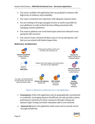 Amazon Web Services – AWS Well-Architected Lens – Serverless Applications
Page 22
• You want a scalable web application that can go global in minutes with
high levels of resiliency and availability.
• You want a consistent user experience with adequate response times.
• You are seeking to leverage managed services as much as possible for
your platforms in order to limit the heavy lifting associated with
managing common platforms.
• You want to optimize your costs based upon actual user demand versus
paying for idle resources.
• You want to create a framework that is easy to set up and operate, and
that you can extend with limited impact later.
Reference Architecture
Figure 6: Reference architecture for a web application
1. Consumers of this web application may be geographically concentrated
or worldwide. Leveraging Amazon CloudFront not only provides a better
performance experience for these consumers through caching and
optimal origin routing, but limits redundant calls to your backend.
2. Amazon S3 hosts web application static assets and is securely served
through CloudFront.
 