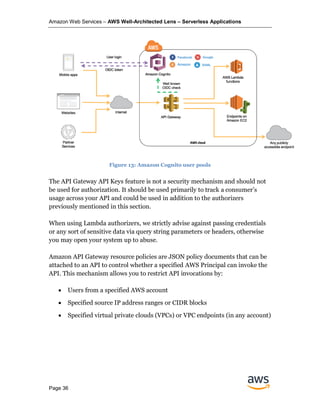 Amazon Web Services – AWS Well-Architected Lens – Serverless Applications
Page 36
Figure 13: Amazon Cognito user pools
The API Gateway API Keys feature is not a security mechanism and should not
be used for authorization. It should be used primarily to track a consumer’s
usage across your API and could be used in addition to the authorizers
previously mentioned in this section.
When using Lambda authorizers, we strictly advise against passing credentials
or any sort of sensitive data via query string parameters or headers, otherwise
you may open your system up to abuse.
Amazon API Gateway resource policies are JSON policy documents that can be
attached to an API to control whether a specified AWS Principal can invoke the
API. This mechanism allows you to restrict API invocations by:
• Users from a specified AWS account
• Specified source IP address ranges or CIDR blocks
• Specified virtual private clouds (VPCs) or VPC endpoints (in any account)
 