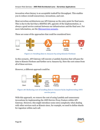 Amazon Web Services – AWS Well-Architected Lens – Serverless Applications
Page 69
invocation when latency is an acceptable tradeoff for throughput. This enables
you to reduce overall concurrency, invocations, and cost.
Most serverless architectures use API Gateway as the entry point for final users.
This is due to the fact that a RESTful API, agnostic of the implementation, is
always a good service contract between our infrastructure and the final user. For
more information, see the Microservices scenario.
These are some of the approaches that could be considered here:
Figure 27: Sending data to Amazon S3 using Kinesis Firehose
In this scenario, API Gateway will execute a Lambda function that will pass the
data to Kinesis Firehose and further on to Amazon S3. Here the cost comes from
all of these services.
However, a different approach could be:
Figure 28: Reducing cost of sending data to Amazon S3 by implementing AWS
service proxy
With this approach, we remove the cost of using Lambda and unnecessary
invocations by implementing the AWS Service Proxy Feature within API
Gateway. However, this might introduce some extra complexity when dealing
with other services such as Kinesis since, for example, we need to define shards
for ingestion within each call.
 