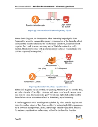 Amazon Web Services – AWS Well-Architected Lens – Serverless Applications
Page 74
In the above diagram, we can see that, when retrieving large objects from
Amazon S3, we might increase the memory consumption of the Lambda, which
increases the execution time (so the function can transform, iterate or collect
required data) and, in some case, only part of this information is actually
needed. This is represented with 3 columns in red (data not required) and one
column in green (data required).
In the next diagram, we can see that, by querying Athena to get the specific data,
we reduce the size of the object retrieved and, as an extra benefit, we can reuse
that content since Athena saves its query results in a S3 bucket and invoke the
Lambda invocation as the results land in Amazon S3 asynchronously.
A similar approach could be using with S3 Select. S3 select enables applications
to retrieve only a subset of data from an object by using simple SQL expressions.
As in previous example with Athena, retrieving a smaller object from Amazon
S3 reduces execution time and memory utilized by the Lambda function.
Figure 33: Lambda function retrieving full S3 object
Figure 34: Lambda with Athena object retrieval
 