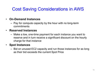Cost Saving Considerations in AWS
• On-Demand Instances
– Pay for compute capacity by the hour with no long-term
commitments
• Reserved Instances
– Make a low, one-time payment for each instance you want to
reserve and in turn receive a significant discount on the hourly
charge for that instance
• Spot Instances
– Bid on unused EC2 capacity and run those instances for as long
as their bid exceeds the current Spot Price
15
 