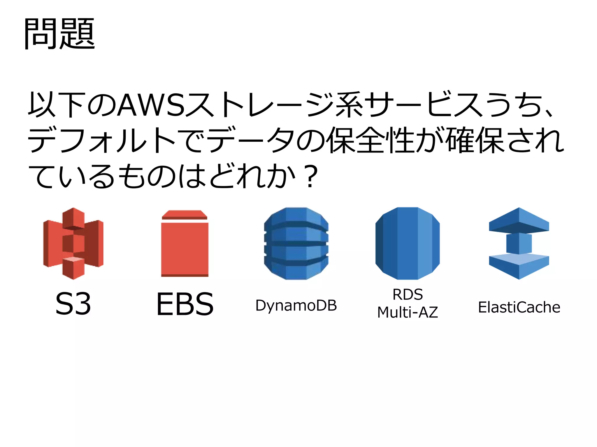 問題 
以下のAWSストレージ系サービスうち、 
デフォルトでデータの保全性が確保され 
ているものはどれか？ 
S3 EBS DynamoDB 
RDS 
Multi-AZ ElastiCache 
 