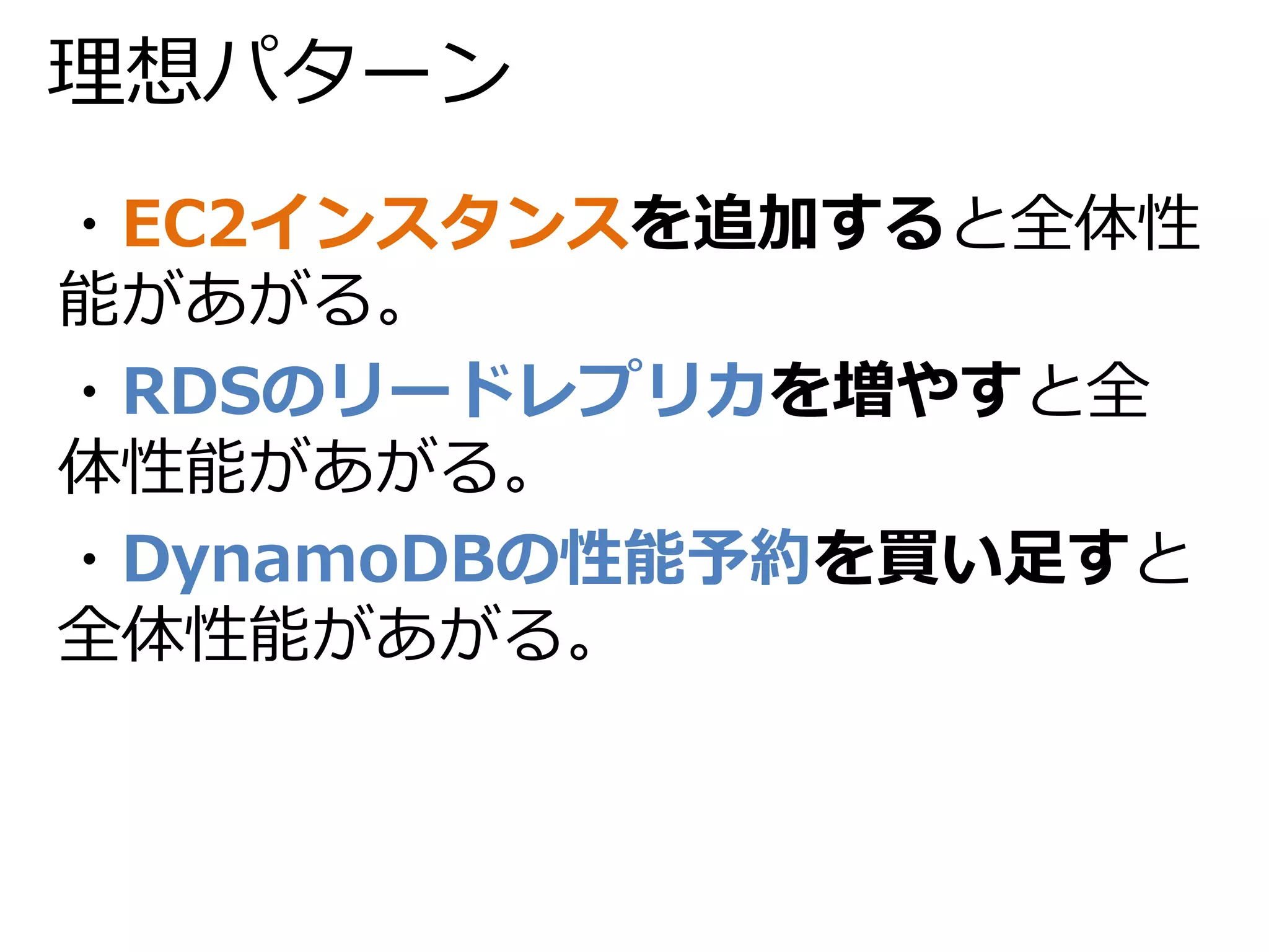 理想パターン 
・EC2インスタンスを追加すると全体性 
能があがる。 
・RDSのリードレプリカを増やすと全 
体性能があがる。 
・DynamoDBの性能予約を買い足すと 
全体性能があがる。 
 
