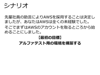 シナリオ 
先輩社員の助言によりAWSを採用することは決定し 
ましたが、あなたはAWSは全くの未経験でした。 
そこでまずはAWSのアカウントを取るところから始 
めることにしました。 
【最初の目標】 
アルファテスト用の環境を構築する 
 