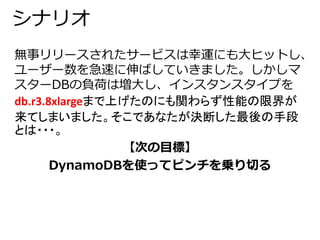 シナリオ 
無事リリースされたサービスは幸運にも大ヒットし、 
ユーザー数を急速に伸ばしていきました。しかしマ 
スターDBの負荷は増大し、インスタンスタイプを 
db.r3.8xlargeまで上げたのにも関わらず性能の限界が 
来てしまいました。そこであなたが決断した最後の手段 
とは・・・。 
【次の目標】 
DynamoDBを使ってピンチを乗り切る 
 