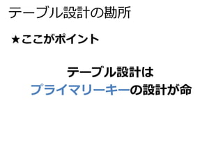 テーブル設計の勘所 
★ここがポイント 
テーブル設計は 
プライマリーキーの設計が命 
 