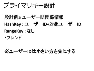 プライマリキー設計 
設計例5 ユーザー間関係情報 
HashKey : ユーザーID+対象ユーザーID 
RangeKey : なし 
・フレンド 
※ユーザーIDは小さい方を先にする 
 