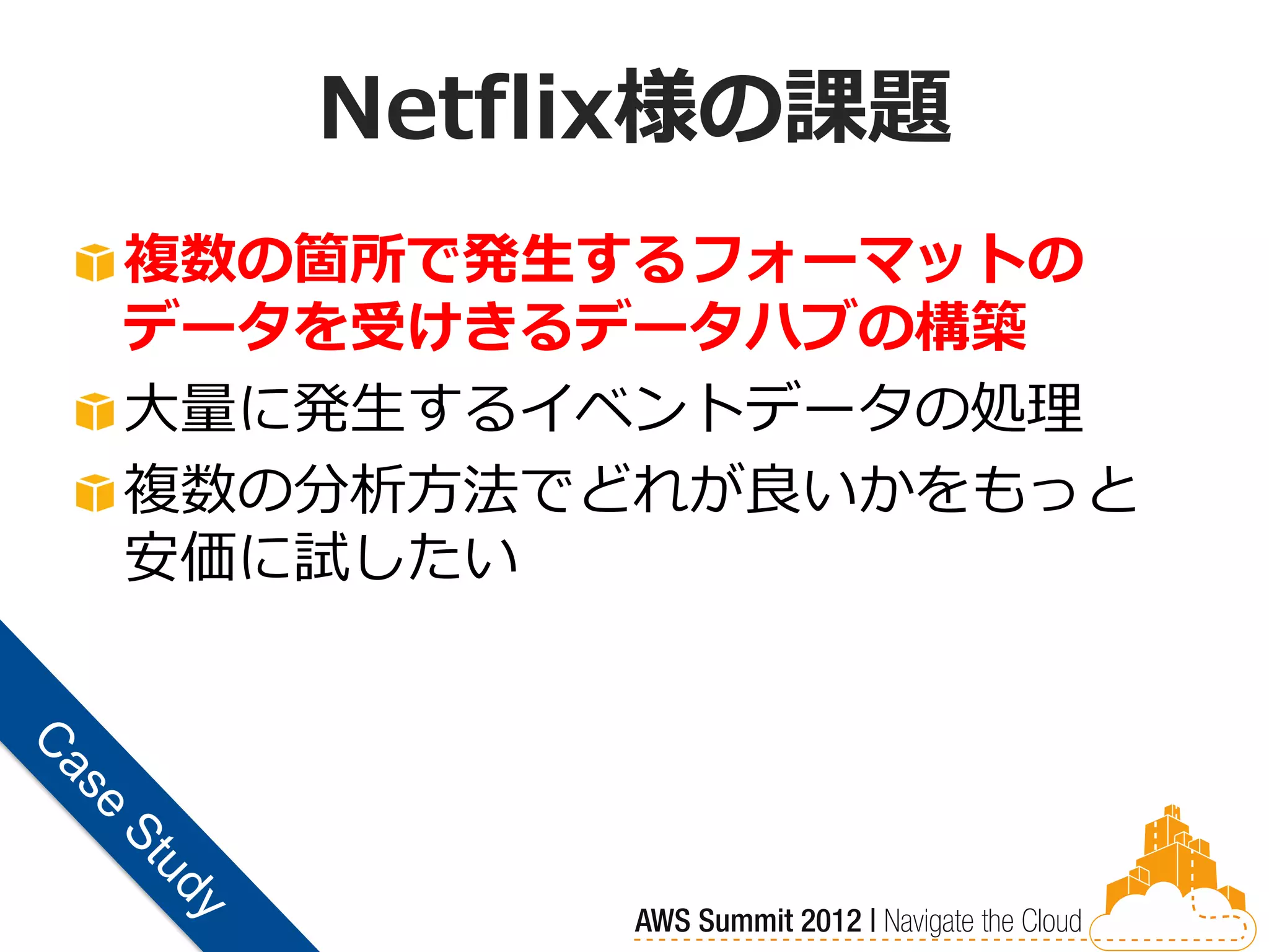 Netflix様の課題
複数の箇所で発生するフォーマットの
データを受けきるデータハブの構築
大量に発生するイベントデータの処理
複数の分析方法でどれが良いかをもっと
安価に試したい
 