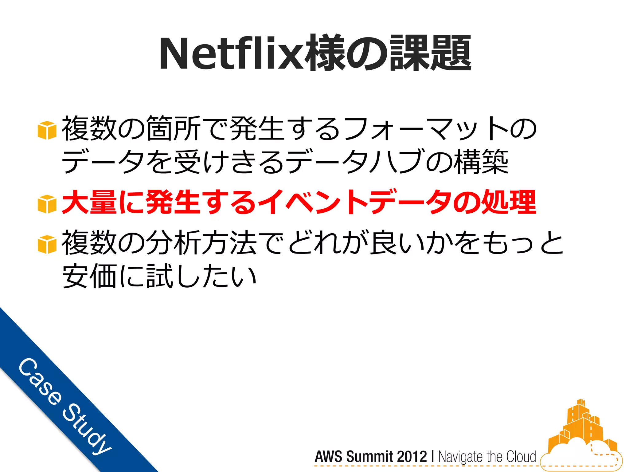 Netflix様の課題
複数の箇所で発生するフォーマットの
データを受けきるデータハブの構築
大量に発生するイベントデータの処理
複数の分析方法でどれが良いかをもっと
安価に試したい
 