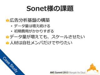 Sonet様の課題
広告分析基盤の構築
• データ量は増え続ける
• 初期費用がかかりすぎる
データ量が増えても、スケールさせたい
人材は自社メンバだけでやりたい
 
