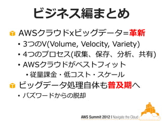 ビジネス編まとめ
AWSクラウドxビッグデータ=革新
• 3つのV(Volume, Velocity, Variety)
• 4つのプロセス(収集、保存、分析、共有)
• AWSクラウドがベストフィット
 • 従量課金・低コスト・スケール
ビッグデータ処理自体も普及期へ
• バズワードからの脱却
 