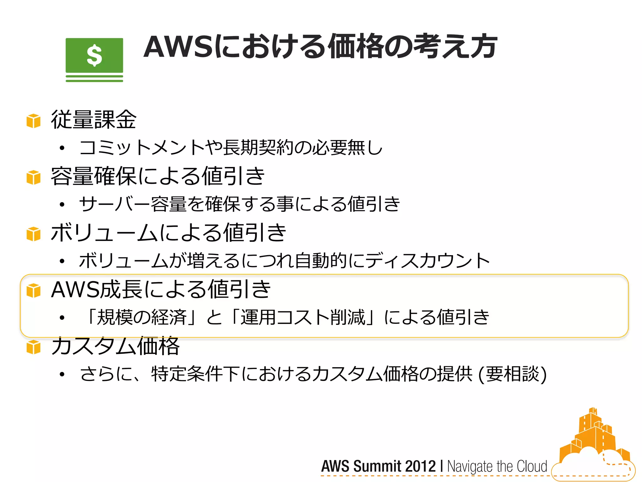 AWSにおける価格の考え方

従量課金
• コミットメントや長期契約の必要無し
容量確保による値引き
• サーバー容量を確保する事による値引き
ボリュームによる値引き
• ボリュームが増えるにつれ自動的にディスカウント
AWS成長による値引き
• 「規模の経済」と「運用コスト削減」による値引き
カスタム価格
• さらに、特定条件下におけるカスタム価格の提供 (要相談)
 