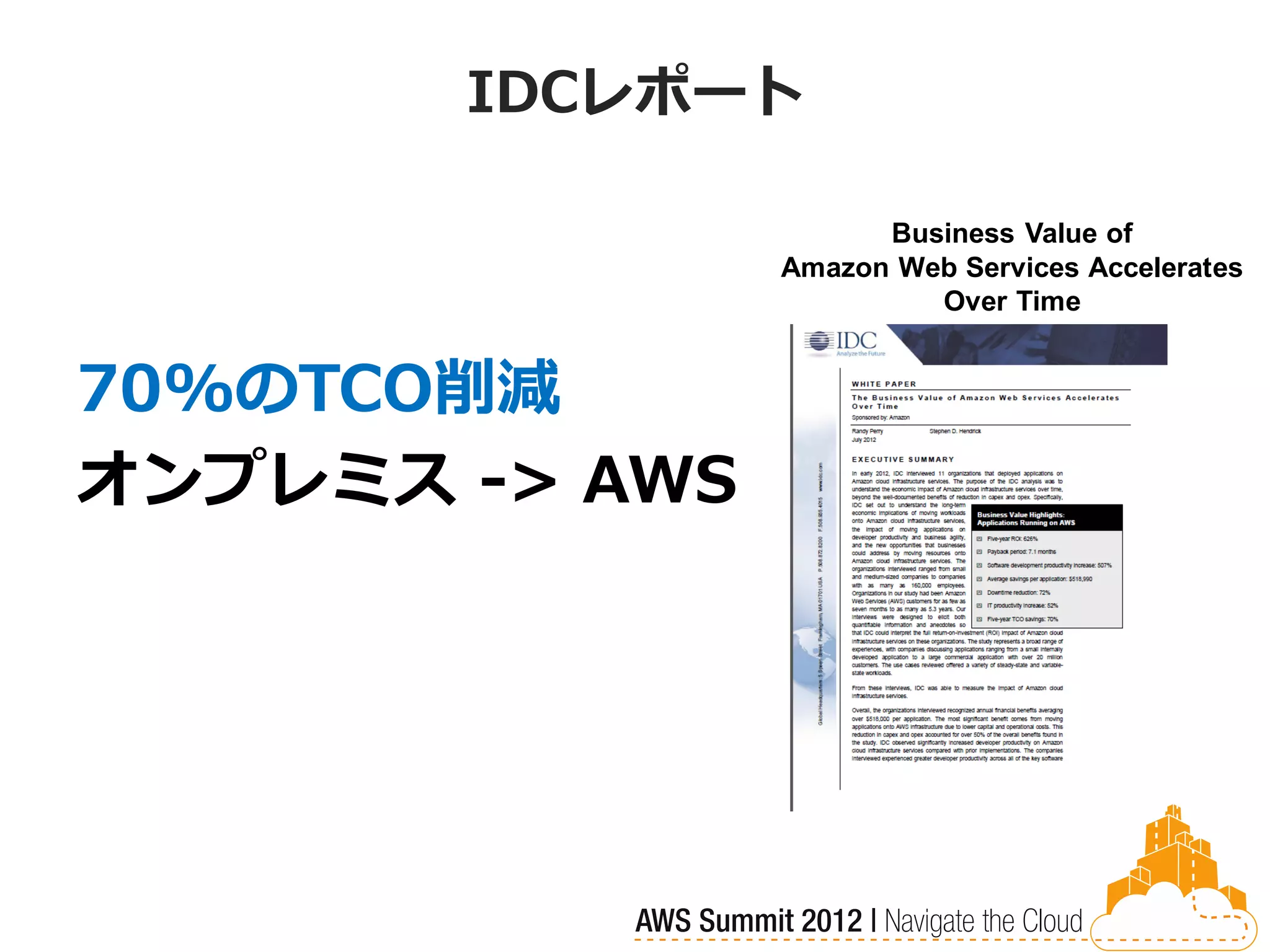 IDCレポート

                      Business Value of
                Amazon Web Services Accelerates
                         Over Time


70%のTCO削減
オンプレミス -> AWS
 