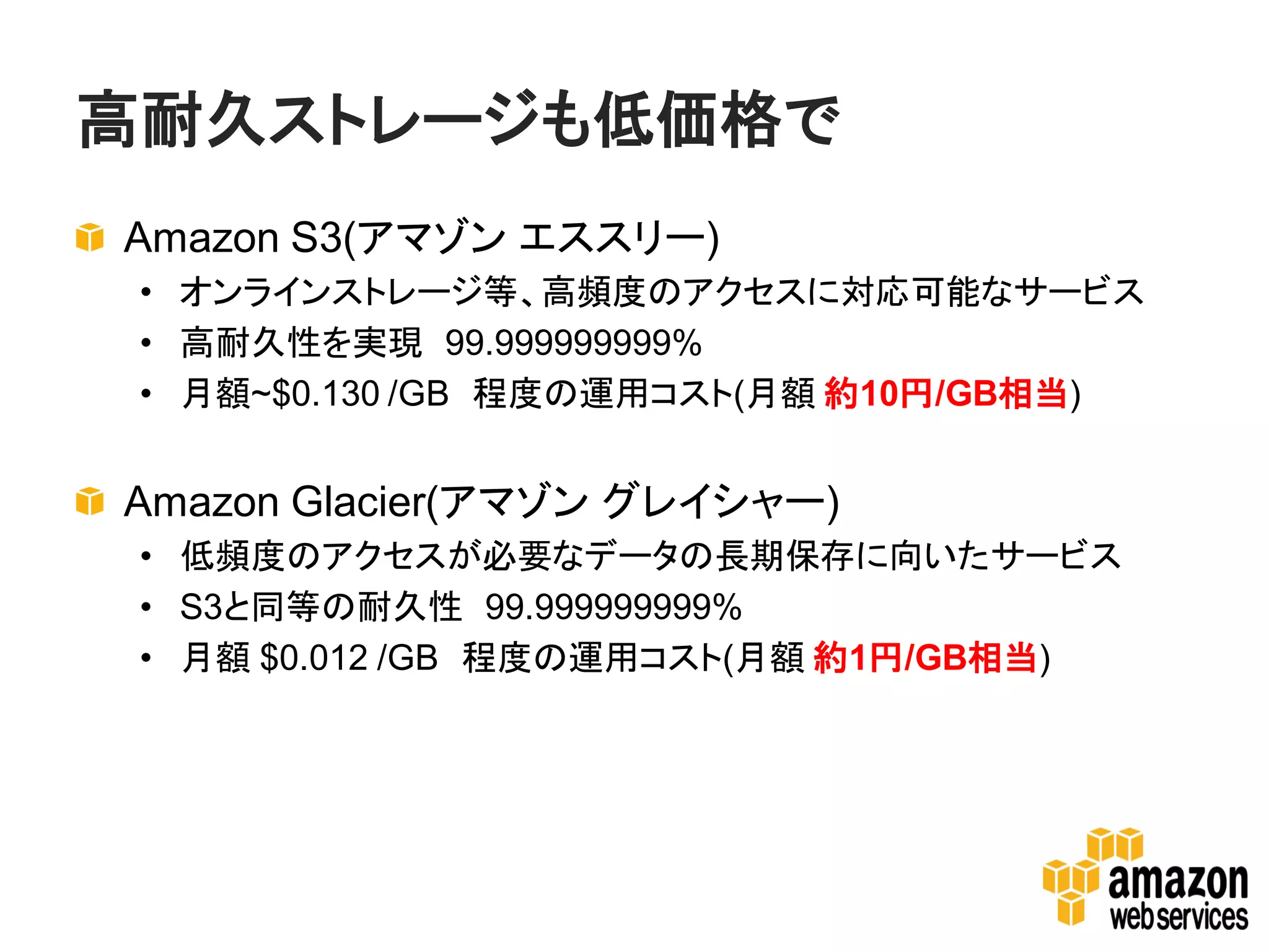 高耐久ストレージも低価格で
Amazon S3(アマゾン エススリー)
 • オンラインストレージ等、高頻度のアクセスに対応可能なサービス
 • 高耐久性を実現 99.999999999%
 • 月額~$0.130 /GB 程度の運用コスト(月額 約10円/GB相当)


Amazon Glacier(アマゾン グレイシャー)
 • 低頻度のアクセスが必要なデータの長期保存に向いたサービス
 • S3と同等の耐久性 99.999999999%
 • 月額 $0.012 /GB 程度の運用コスト(月額 約1円/GB相当)
 