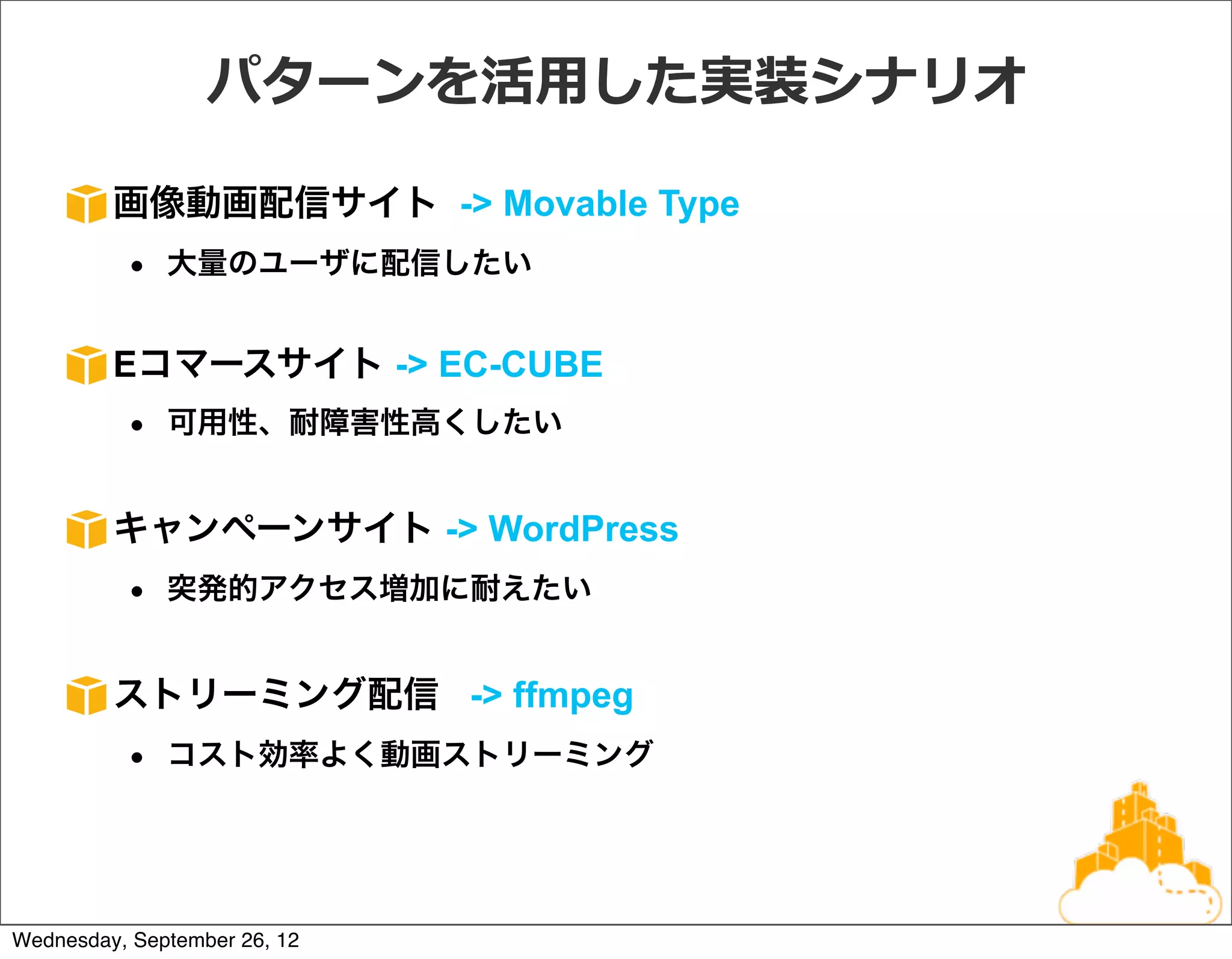 パターンを活⽤用した実装シナリオ

         画像動画配信サイト -> Movable Type
          • 大量のユーザに配信したい


         Eコマースサイト -> EC-CUBE
          • 可用性、耐障害性高くしたい


         キャンペーンサイト -> WordPress
          • 突発的アクセス増加に耐えたい


         ストリーミング配信 -> ffmpeg
          • コスト効率よく動画ストリーミング




Wednesday, September 26, 12
 
