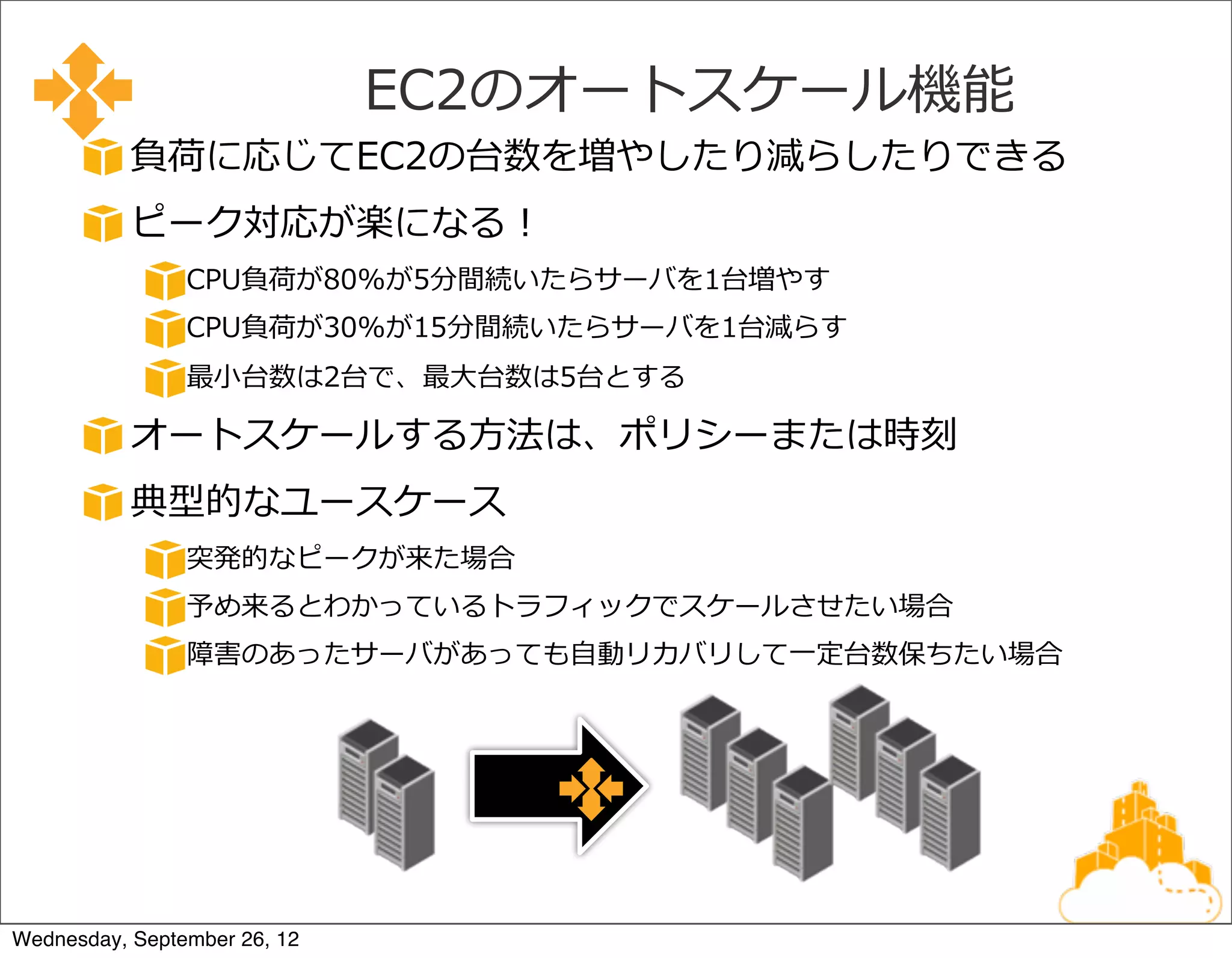 EC2のオートスケール機能
           負荷に応じてEC2の台数を増やしたり減らしたりできる
           ピーク対応が楽になる！
                CPU負荷が80%が5分間続いたらサーバを1台増やす
                CPU負荷が30%が15分間続いたらサーバを1台減らす
                最⼩小台数は2台で、最⼤大台数は5台とする

           オートスケールする⽅方法は、ポリシーまたは時刻
           典型的なユースケース
                突発的なピークが来た場合
                予め来るとわかっているトラフィックでスケールさせたい場合
                障害のあったサーバがあっても⾃自動リカバリして⼀一定台数保ちたい場合




Wednesday, September 26, 12
 