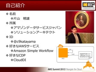 自己紹介
 名前
   片山 暁雄
 所属
   アマゾンデータサービスジャパン
   ソリューションアーキテクト
 ID
   @c9katayama
 好きなAWSサービス
   Amazon Simple Workflow
 好きなCDP
   CloudDI
 