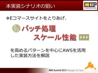 本実装シナリオの狙い

Eコマースサイトをとりあげ、




 を高めるパターンを中心にAWSを活用
 した実装方法を解説
 