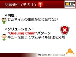 問題発生 (その１)

問題：
 サムネイルの生成が間に合わない

ソリューション：
 ”Queuing Chain”パターン
 キューを使ってサムネイル処理を分離
 