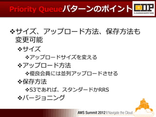 Priority Queueパターンのポイント


サイズ、アップロード方法、保存方法も
 変更可能
 サイズ
  アップロードサイズを変える
 アップロード方法
  優良会員には並列アップロードさせる
 保存方法
  S3であれば、スタンダードかRRS
 バージョニング
 