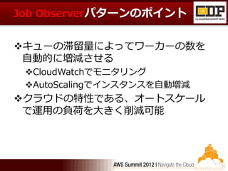 Job Observerパターンのポイント


キューの滞留量によってワーカーの数を
 自動的に増減させる
 CloudWatchでモニタリング
 AutoScalingでインスタンスを自動増減
クラウドの特性である、オートスケール
 で運用の負荷を大きく削減可能
 