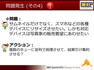 問題発生 (その4)

問題：
 サムネイルだけでなく、スマホなどの各種
 デバイスにリサイズさせたい。しかも対応
 デバイスは写真家の販売要望にあわせたい

アクション：
複数のキューに並列で処理させて、結果だけ集約
させる？
 