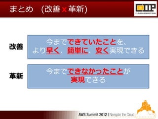 まとめ (改善ｘ革新)



       今までできていたことを、
改善
     より早く、簡単に、安く実現できる

       今までできなかったことが
革新
          実現できる
 