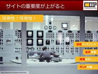 サイトの重要度が上がると

 可用性！可用性！




                                                    深夜メンテナンス

                                                       負荷対策

                                                     障害対応。。。

                                                     ボッチ作業。。。
http://www.old-computers.com/news
http://www.flickr.com/photos/mutsmuts/4695658106/
 