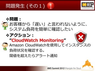 問題発生 (その１)

問題：
 お客様から「遅い」と言われないように、
 システム負荷を簡単に確認したい
アクション：
 ”CloudWatch Monitoring”
 Amazon CloudWatchを使用してインスタンスの
 負荷状況を確認する。
 閾値を超えたらアラート通知
 