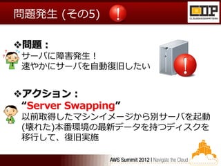 問題発生 (その5)

問題：
 サーバに障害発生！
 速やかにサーバを自動復旧したい


アクション：
 “Server Swapping”
 以前取得したマシンイメージから別サーバを起動
 (壊れた)本番環境の最新データを持つディスクを
 移行して、復旧実施
 