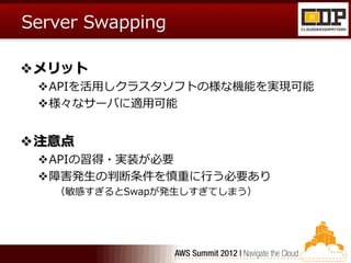 Server Swapping

メリット
 APIを活用しクラスタソフトの様な機能を実現可能
 様々なサーバに適用可能


注意点
 APIの習得・実装が必要
 障害発生の判断条件を慎重に行う必要あり
   （敏感すぎるとSwapが発生しすぎてしまう）
 