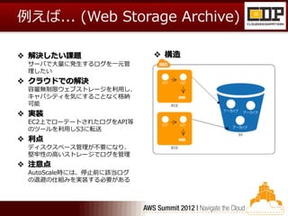 例えば... (Web Storage Archive)

 解決したい課題                 構造
 サーバで大量に発生するログを一元管
 理したい
 クラウドでの解決
 容量無制限ウェブストレージを利用し、
 キャパシティを気にすることなく格納
 可能
 実装
 EC2上でローテートされたログをAPI等
 のツールを利用しS3に転送
 利点
 ディスクスペース管理が不要になり、
 堅牢性の高いストレージでログを管理
 注意点
 AutoScale時には、停止前に該当ログ
 の退避の仕組みを実装する必要がある
 