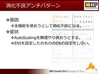 消化不良アンチパターン

原因
 全機能を使おうとして消化不良になる。
症状
 AutoScalingを無理やり使おうとする。
 ENIを設定したのもののOSの設定をしない。
 