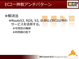 EC2一神教アンチパターン

解決法
 Route53, RDS, S3, ELBなどEC2以外の
  サービスを活用する。
   可用性の確保
   利用額の低下
 