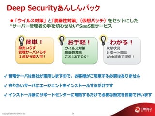 Deep Securityあんしんパック
          「ウ゗ルス対策」と｢脆弱性対策｣（仮想パッチ）をセットにした
          “サーバー管理者の手を煩わせない”SaaS型サービス


                                  簡単！   お手軽！        わかる！
                     設定いらず              ウ゗ルス対策     攻撃状況
                     管理サーバいらず           脆弱性対策      レポート閲覧
                     １台から導入可！           これ1本でOK！   Web経由で提供！




Copyright 2012 Trend Micro Inc.           24
 