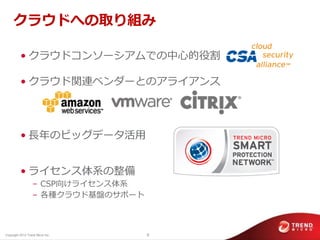 クラウドへの取り組み

          • クラウドコンソーシアムでの中心的役割

          • クラウド関連ベンダーとのアライアンス




          • 長年のビッグデータ活用


          • ライセンス体系の整備
                  – CSP向けライセンス体系
                  – 各種クラウド基盤のサポート



Copyright 2012 Trend Micro Inc.     6
 