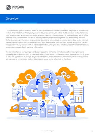 www.netcomlearning.com
Overview
Cloud computing gives businesses access to data whenever they need and wherever they have an internet con-
nection. And in today’s technologically advanced business climate, it’s critical that businesses and stakeholders
have access to data whenever they need it, whether they’re on their computers or mobile phones; within office
premises or out on the road. And this is precisely the convenience and edge that cloud computing provides.
Rather than storing information on a particular device or a server, cloud computing stores data on the internet.
It works by making information available from a central web-based hub that gives anyone with proper creden-
tials access from any location with an internet connection, and syncs data for all devices connected to the cloud,
keeping them updated with real-time information.
The benefits of cloud computing are endless, irrespective of the size of the business from saving time and
money by boosting productivity to improving collaboration. In the cloud environment, users can access all types
of files, use applications as though they were in the office, and even collaborate remotely while working on the
same project or presentation on their device as someone on the other side of the globe.
02
 