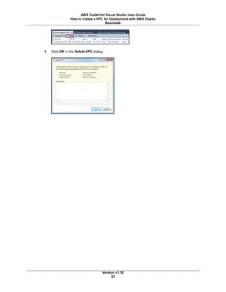 4. Click OK in the Delete VPC dialog.
Version v1.30
25
AWS Toolkit for Visual Studio User Guide
How to Create a VPC for Deployment with AWS Elastic
Beanstalk
 