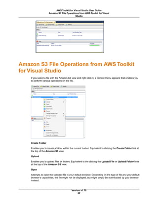 Amazon S3 File Operations from AWS Toolkit
for Visual Studio
If you select a file with the Amazon S3 view and right-click it, a context menu appears that enables you
to perform various operations on the file.
Create Folder
Enables you to create a folder within the current bucket. Equivalent to clicking the Create Folder link at
the top of the Amazon S3 view.
Upload
Enables you to upload files or folders. Equivalent to the clicking the Upload File or Upload Folder links
at the top of the Amazon S3 view.
Open
Attempts to open the selected file in your default browser. Depending on the type of file and your default
browser's capabilities, the file might not be displayed, but might simply be downloaded by your browser
instead.
Version v1.30
62
AWS Toolkit for Visual Studio User Guide
Amazon S3 File Operations from AWS Toolkit for Visual
Studio
 