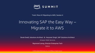 © 2018, Amazon Web Services, Inc. or its Affiliates. All rights reserved.
© 2018, Amazon Web Services, Inc. or Its Affiliates. All rights reserved.
Derek Ewell, Solutions Architect & Harpreet Singh, SAP Solutions Architect
Amazon Web Services
Raymond Leong, Director Enterprise Tech
Zalora
Track: Move It! Migrating to AWS, Session 4
Innovating SAP the Easy Way –
Migrate it to AWS
 