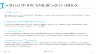 UNSERE AWS UNTERSTÜTZUNGSLEISTUNGEN IM ÜBERBLICK
Architektur & Sizing
Optimale technische und wirtschaftliche Auswahl und Sizing der Services. Unterstützung zur Konzeption von IT-Architekturen, die die Vorteile der
AWS Cloud effizient nutzen kann.
Konfiguration / Implementierungsunterstützung
Konfiguration und Dokumentation der Services, Integration in die eigene Servicelandschaft, Implementierung von notwendigen Schnittstellen.
Aufbau und Einführung Continuous Integration / Delivery (CI & CD)
Security & Compliance
Auswahl und Bewertung der Services, die in der Cloud betrieben werden sollen. Risikoanalyse und Auswahl/Umsetzung der Maßnahmen zur
Risikominderung. Empfehlung oder Auswahl/Umsetzung von geeigneten Cloud Security-Lösungen. Etablierung geeigneter Security-Prozesse.
Leistungsverrechnung / Kostenmodelle
Konzeption und Konfiguration der AWS Account-Struktur und Billing-Verfahren (z.B. Consolidated Billing) um wirtschaftliche Skalierungseffekte und
Anforderungen an Rechnungsstellung erfüllen zu können. Integration der Abrechnungsdaten in die eigene Kosten-/Leistungsrechnung. Erstellung
von Kostenmodellen für Paas/SaaS Modelle.
03.12.2015 23
 