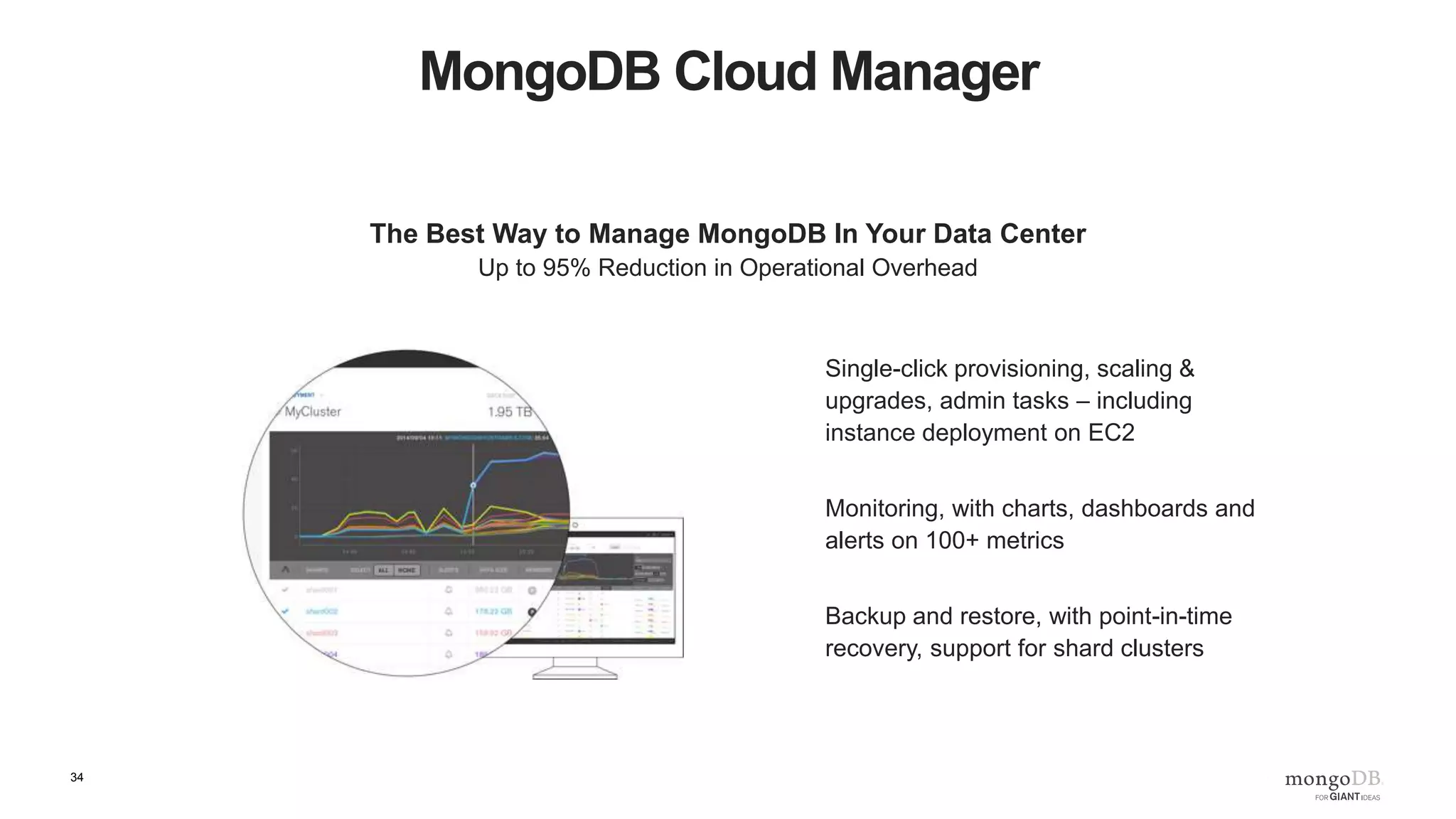 34 Resources • MongoDB on AWS best practices: – http://docs.mongodb.org/ecosystem/platforms/amazon-ec2/ • MongoDB production Notes – http://docs.mongodb.org/manual/administration/production-notes/ • MongoDB docs – http://docs.mongodb.org 