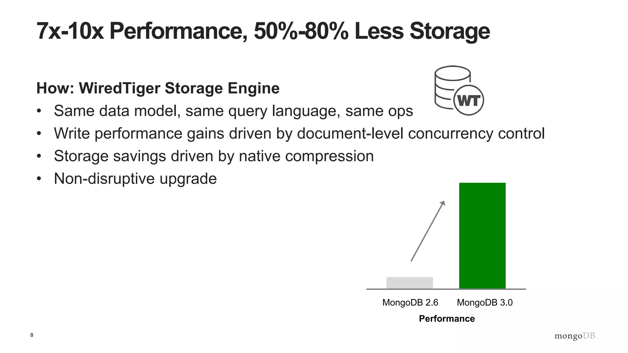 8 MMAPv1 Storage Engine • History – MMAPv0 was initial storage engine of MongoDB – Delegates memory management to operating system • New Capabilities – Collection-level concurrency control – Multiple performance enhancements – Windows performance now equivalent to Linux • Advantages – Read-intensive applications – Cache survives MongoDB restart, upgrades – Drop-in upgrade 